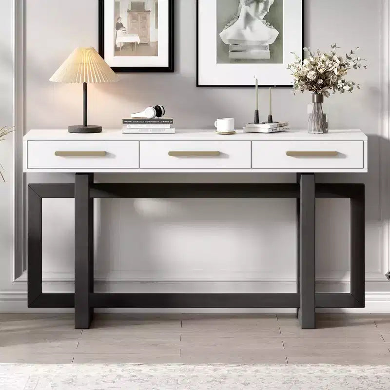 Console Table Artistique Moderne avec 3 Tiroirs, Pieds Croisés, pour Entrée et Salon