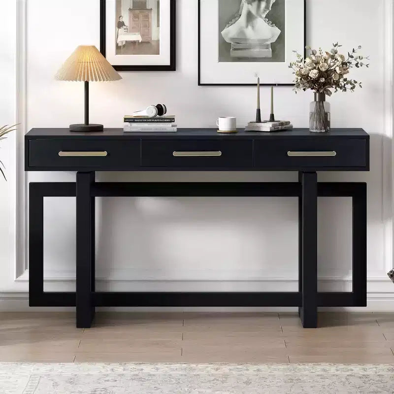 Console Table Artistique Moderne avec 3 Tiroirs, Pieds Croisés, pour Entrée et Salon