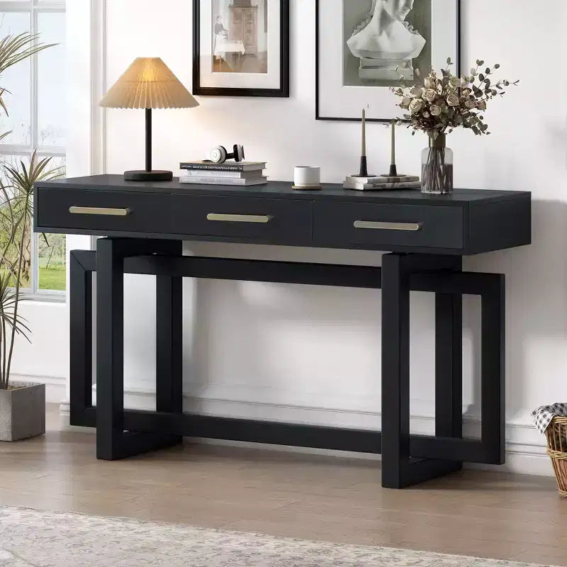Console Table Artistique Moderne avec 3 Tiroirs, Pieds Croisés, pour Entrée et Salon