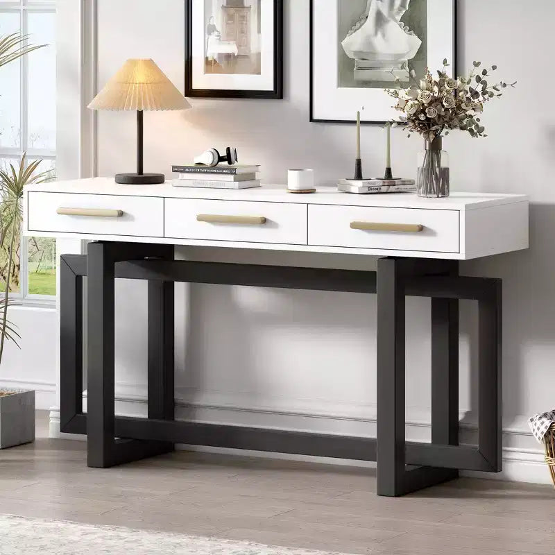 Console Table Artistique Moderne avec 3 Tiroirs, Pieds Croisés, pour Entrée et Salon