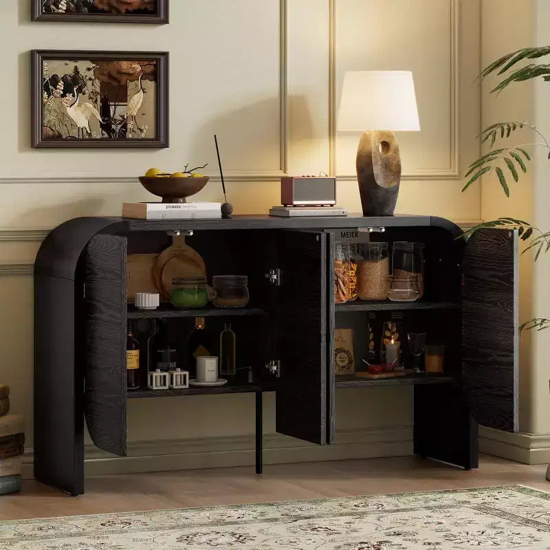 Buffet rétro à 4 portes, en bois avec coins arrondis, noir, 74 cm