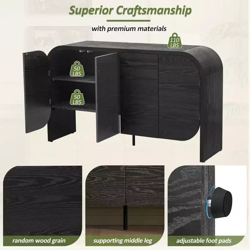 Buffet rétro à 4 portes, en bois avec coins arrondis, noir, 74 cm