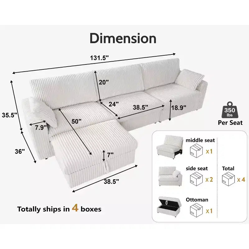 Canapé d'angle modulaire en velours côtelé avec housses lavables