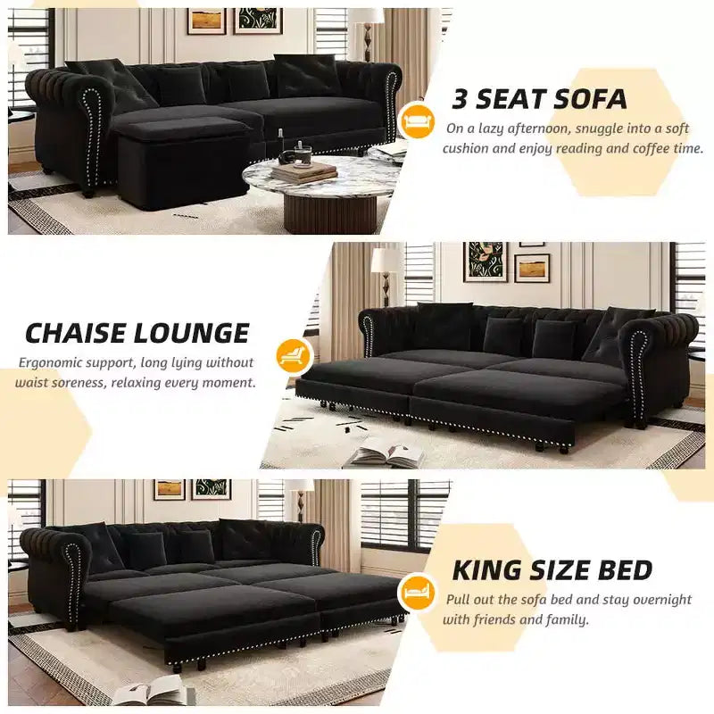 Canapé 3 places en velours avec pouf mobile, canapé-lit gigogne 3-en-1, taille King Size, noir
