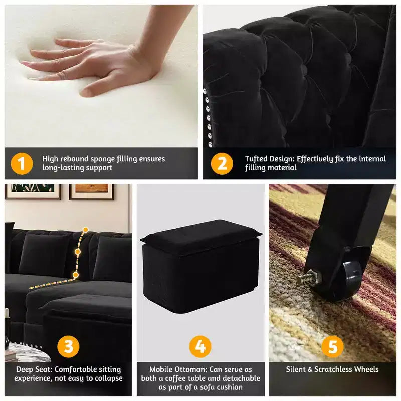 Canapé 3 places en velours avec pouf mobile, canapé-lit gigogne 3-en-1, taille King Size, noir