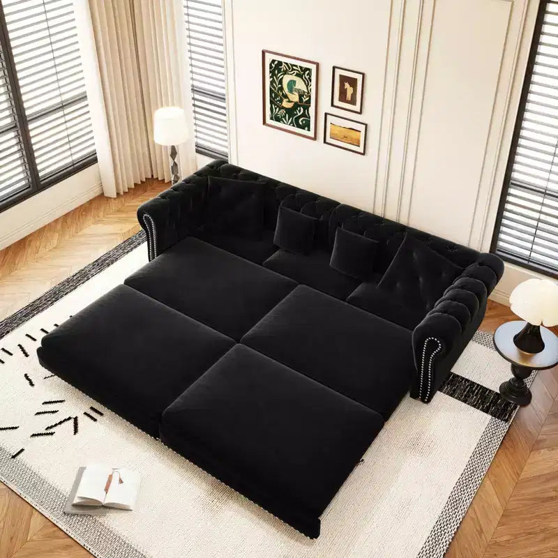 Canapé 3 places en velours avec pouf mobile, canapé-lit gigogne 3-en-1, taille King Size, noir