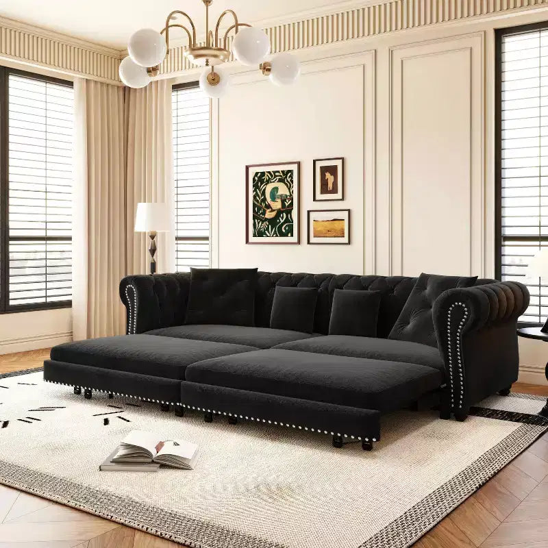 Canapé 3 places en velours avec pouf mobile, canapé-lit gigogne 3-en-1, taille King Size, noir