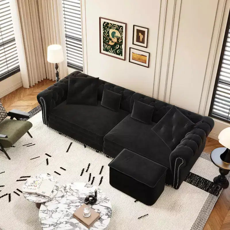 Canapé 3 places en velours avec pouf mobile, canapé-lit gigogne 3-en-1, taille King Size, noir