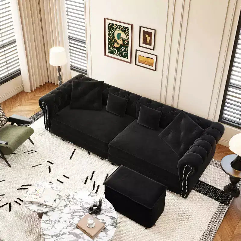 Canapé 3 places en velours avec pouf mobile, canapé-lit gigogne 3-en-1, taille King Size, noir