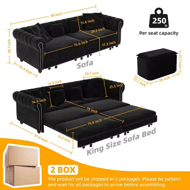 Canapé 3 places en velours avec pouf mobile, canapé-lit gigogne 3-en-1, taille King Size, noir