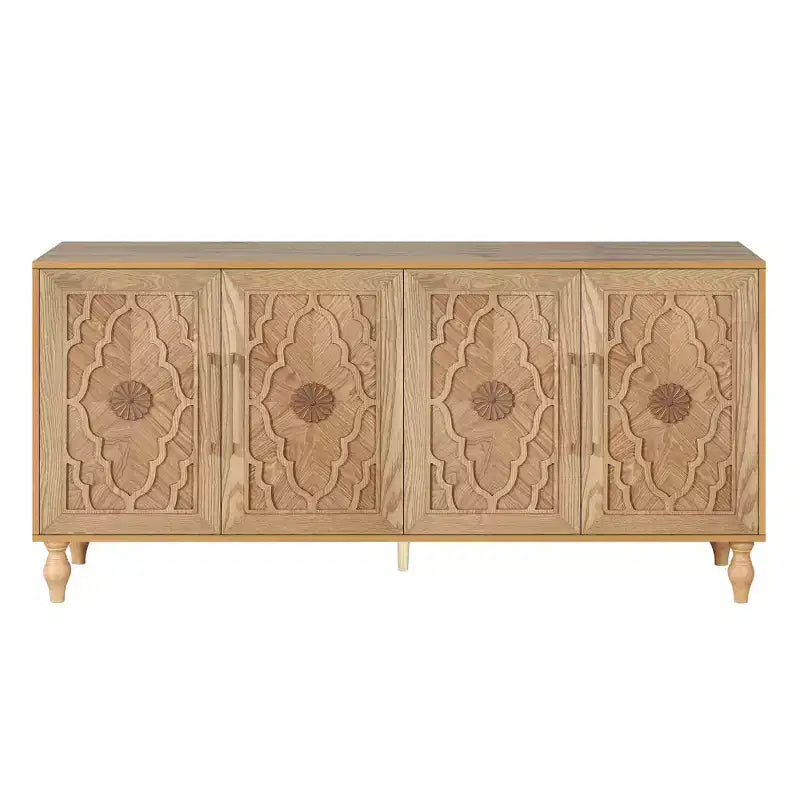63 Grande Armoire de Rangement avec Poignées Métalliques, Portes Sculptées Florales, Buffet Console Moderne en Bois avec Étagères Réglables