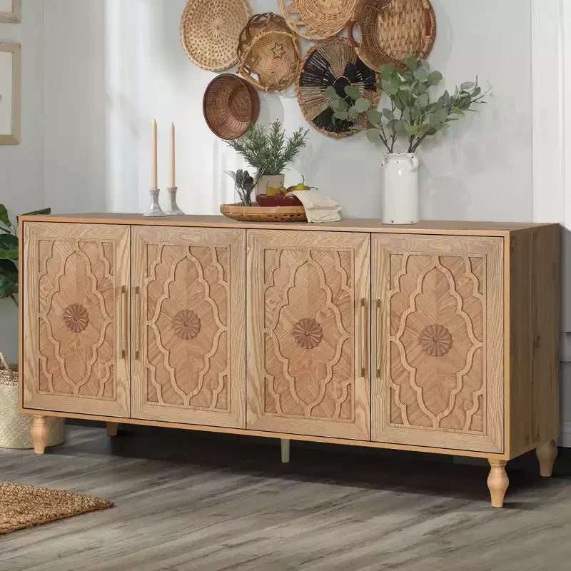 63 Grande Armoire de Rangement avec Poignées Métalliques, Portes Sculptées Florales, Buffet Console Moderne en Bois avec Étagères Réglables