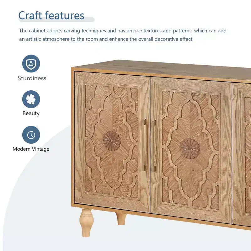 63 Grande Armoire de Rangement avec Poignées Métalliques, Portes Sculptées Florales, Buffet Console Moderne en Bois avec Étagères Réglables
