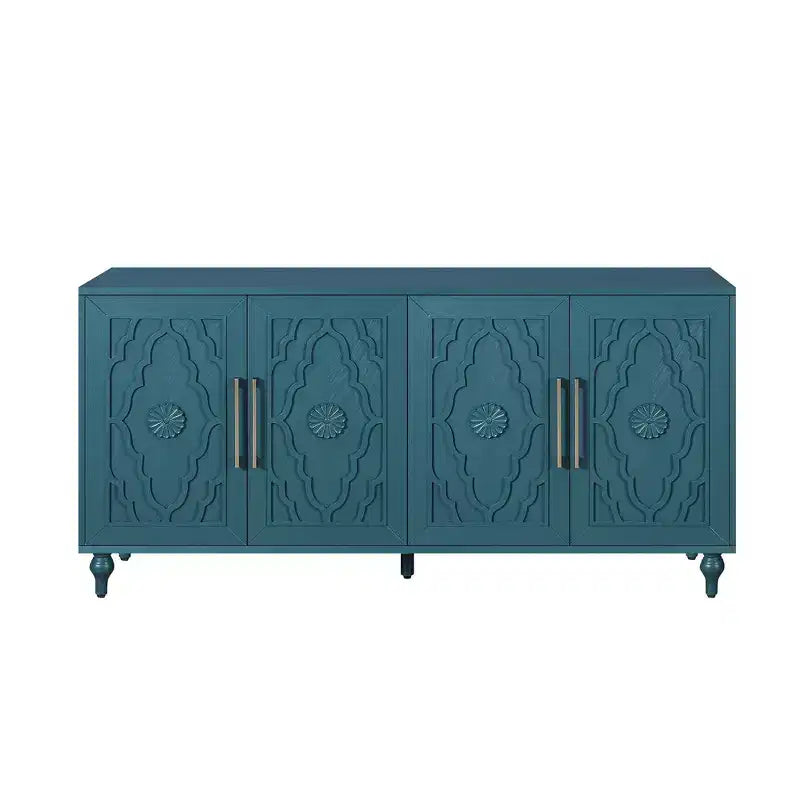 63 Grande Armoire de Rangement avec Poignées Métalliques, Portes Sculptées Florales, Buffet Console Moderne en Bois avec Étagères Réglables
