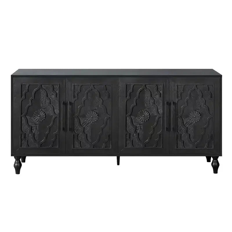 63 Grande Armoire de Rangement avec Poignées Métalliques, Portes Sculptées Florales, Buffet Console Moderne en Bois avec Étagères Réglables