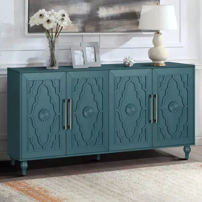 63 Grande Armoire de Rangement avec Poignées Métalliques, Portes Sculptées Florales, Buffet Console Moderne en Bois avec Étagères Réglables