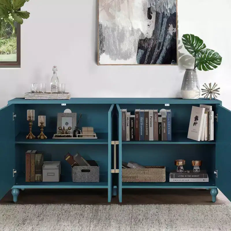 63 Grande Armoire de Rangement avec Poignées Métalliques, Portes Sculptées Florales, Buffet Console Moderne en Bois avec Étagères Réglables