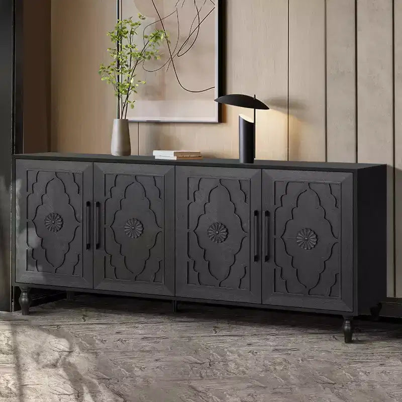 63 Grande Armoire de Rangement avec Poignées Métalliques, Portes Sculptées Florales, Buffet Console Moderne en Bois avec Étagères Réglables