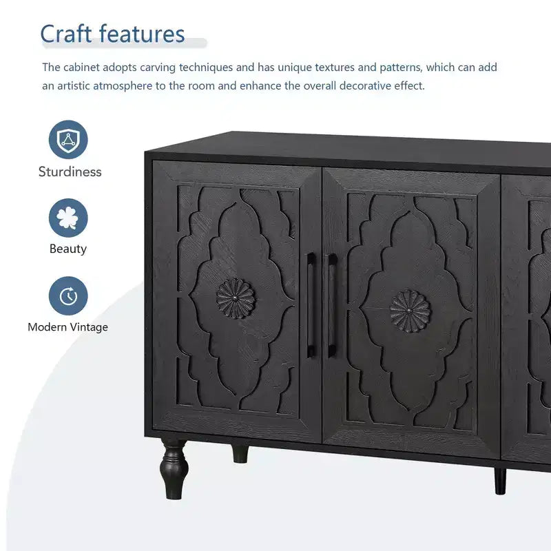63 Grande Armoire de Rangement avec Poignées Métalliques, Portes Sculptées Florales, Buffet Console Moderne en Bois avec Étagères Réglables