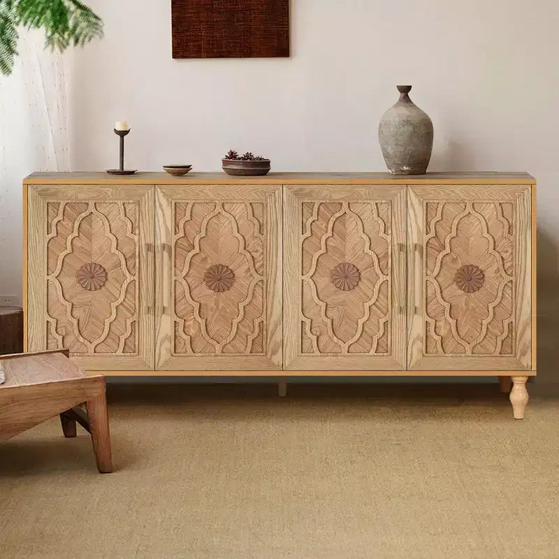 63 Grande Armoire de Rangement avec Poignées Métalliques, Portes Sculptées Florales, Buffet Console Moderne en Bois avec Étagères Réglables