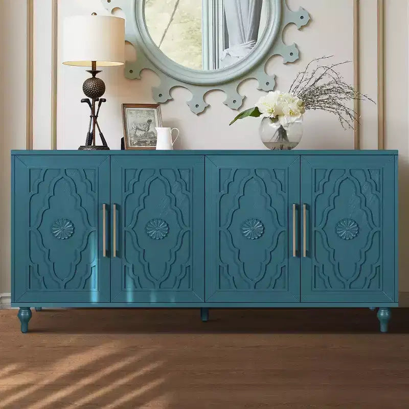 63 Grande Armoire de Rangement avec Poignées Métalliques, Portes Sculptées Florales, Buffet Console Moderne en Bois avec Étagères Réglables