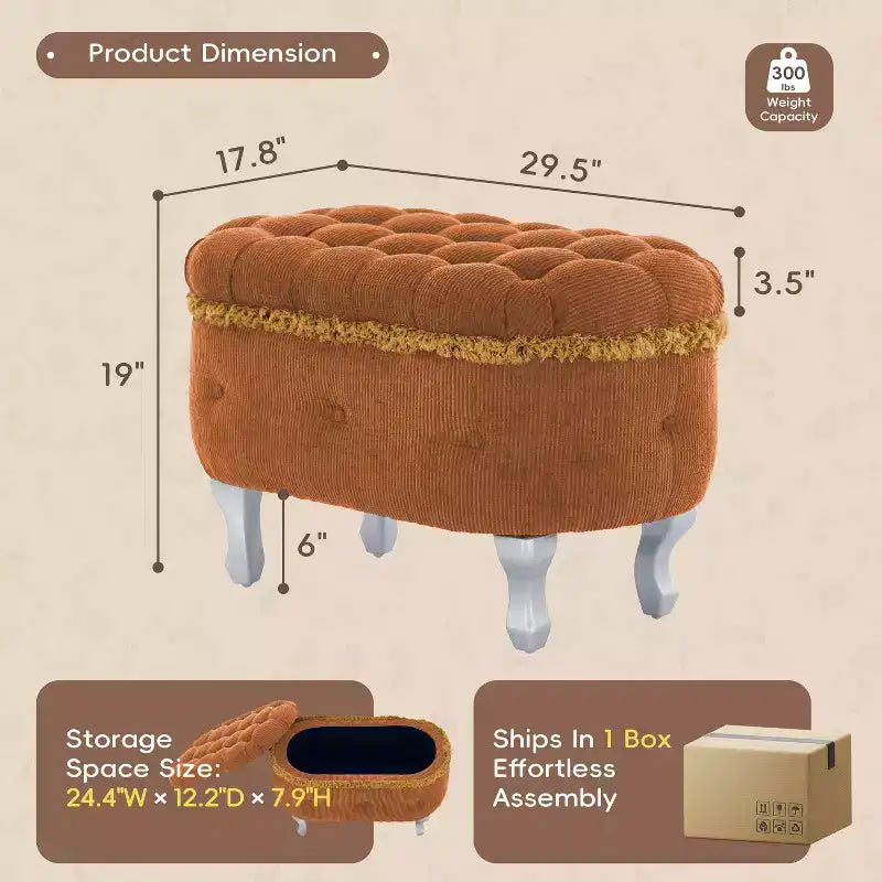 Banc de rangement en bout de lit rétro de 29,5 po avec franges, pouf capitonné élégant pour chambre à coucher et salon, capacité de 136 kg
