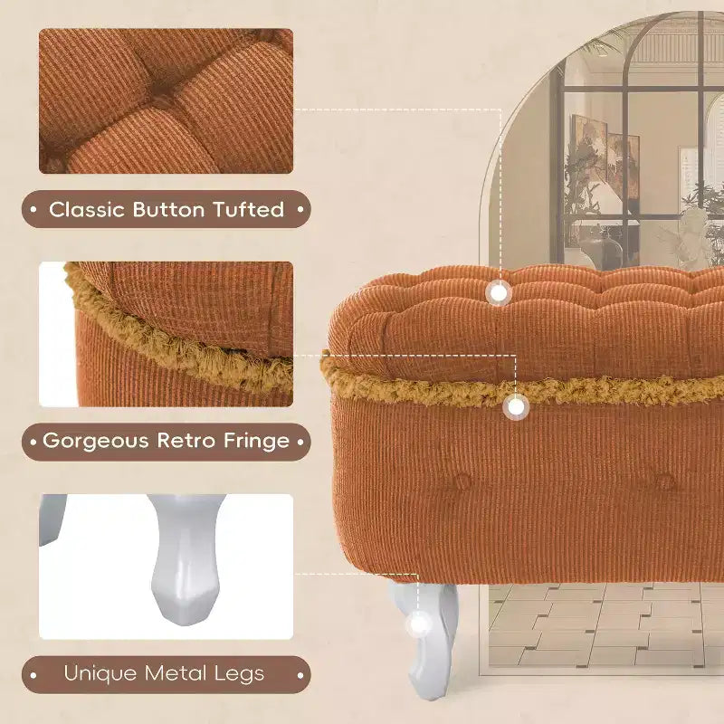 Banc de rangement en bout de lit rétro de 29,5 po avec franges, pouf capitonné élégant pour chambre à coucher et salon, capacité de 136 kg