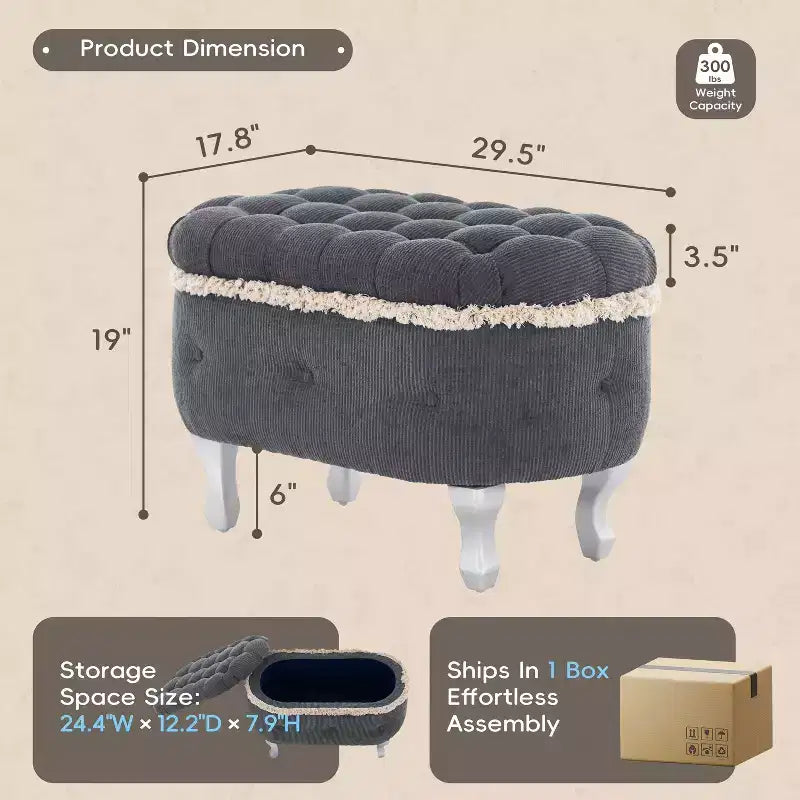 Banc de rangement en bout de lit rétro de 29,5 po avec franges, pouf capitonné élégant pour chambre à coucher et salon, capacité de 136 kg