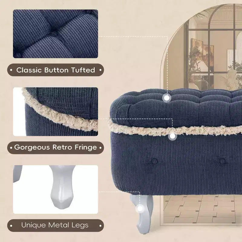 Banc de rangement en bout de lit rétro de 29,5 po avec franges, pouf capitonné élégant pour chambre à coucher et salon, capacité de 136 kg
