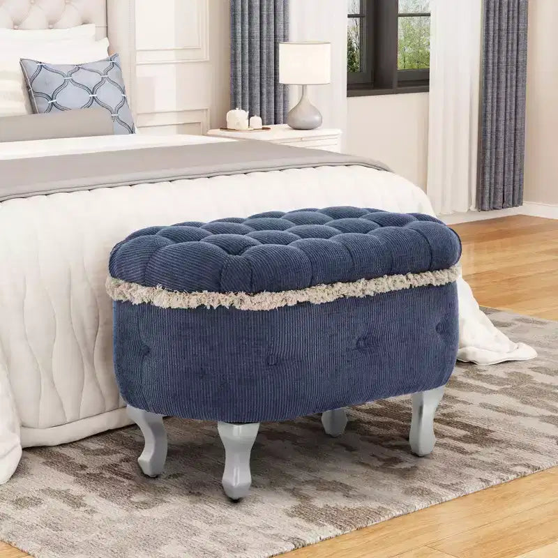Banc de rangement en bout de lit rétro de 29,5 po avec franges, pouf capitonné élégant pour chambre à coucher et salon, capacité de 136 kg