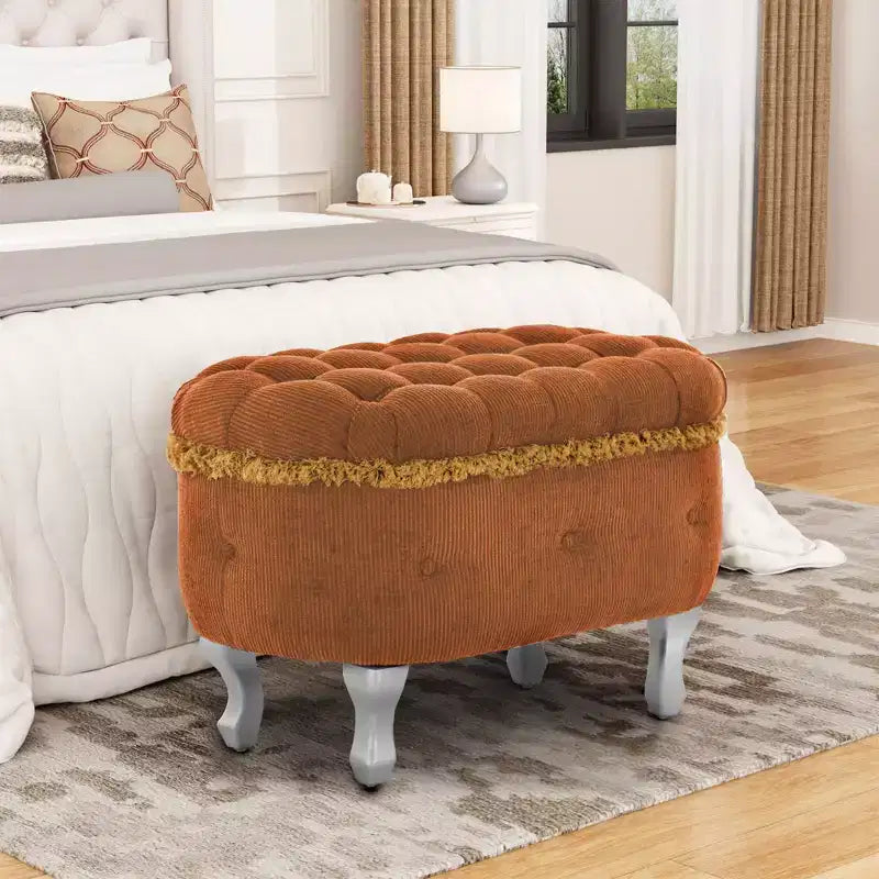 Banc de rangement en bout de lit rétro de 29,5 po avec franges, pouf capitonné élégant pour chambre à coucher et salon, capacité de 136 kg