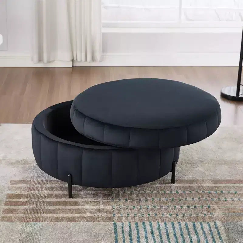 Pouf rond de rangement en velours de 31,5" avec couvercle réversible, repose-pieds de table basse, 125 kg