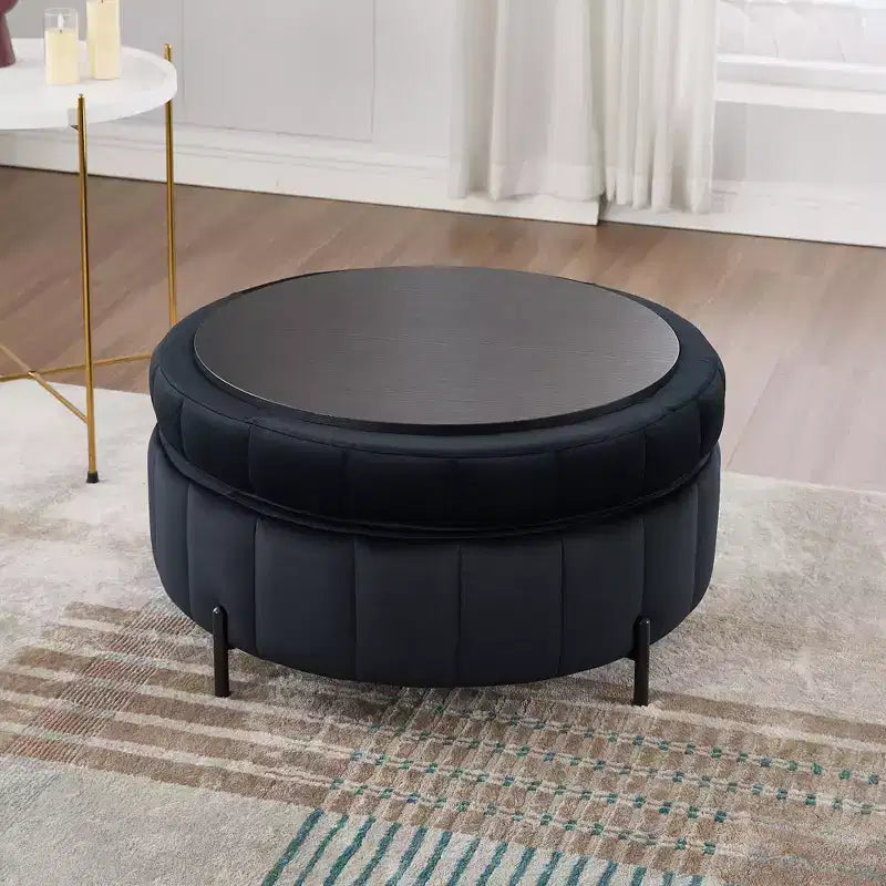Pouf rond de rangement en velours de 31,5" avec couvercle réversible, repose-pieds de table basse, 125 kg