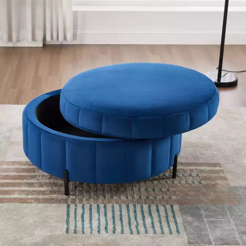 Pouf rond de rangement en velours de 31,5" avec couvercle réversible, repose-pieds de table basse, 125 kg