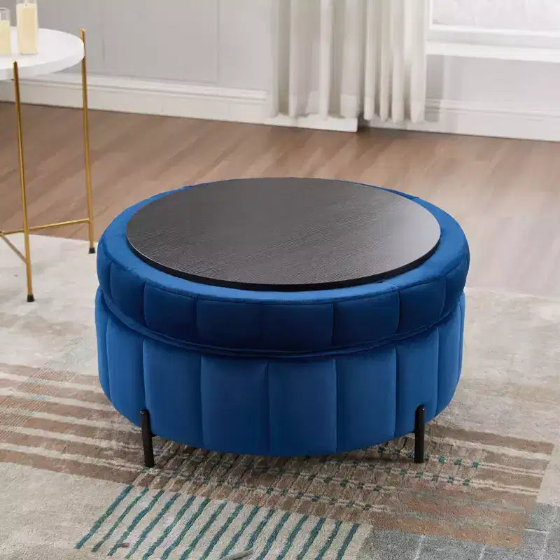 Pouf rond de rangement en velours de 31,5" avec couvercle réversible, repose-pieds de table basse, 125 kg