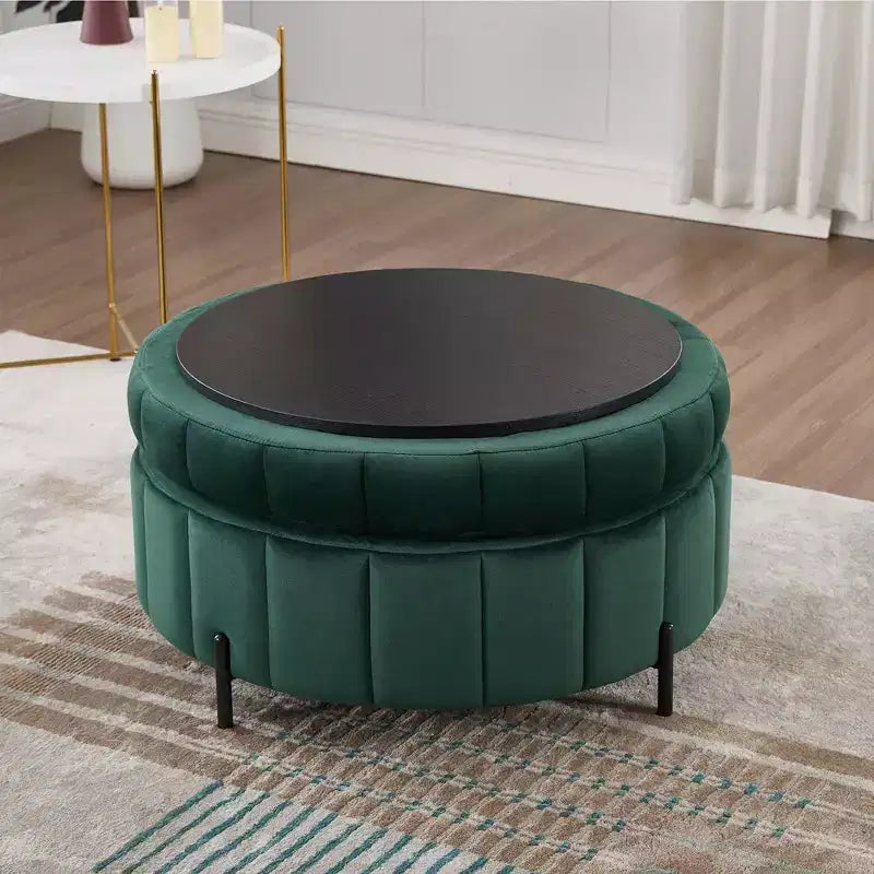 Pouf rond de rangement en velours de 31,5" avec couvercle réversible, repose-pieds de table basse, 125 kg