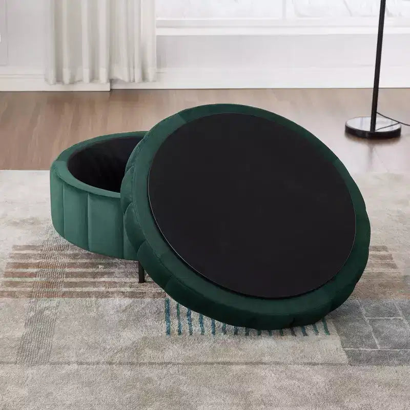 Pouf rond de rangement en velours de 31,5" avec couvercle réversible, repose-pieds de table basse, 125 kg