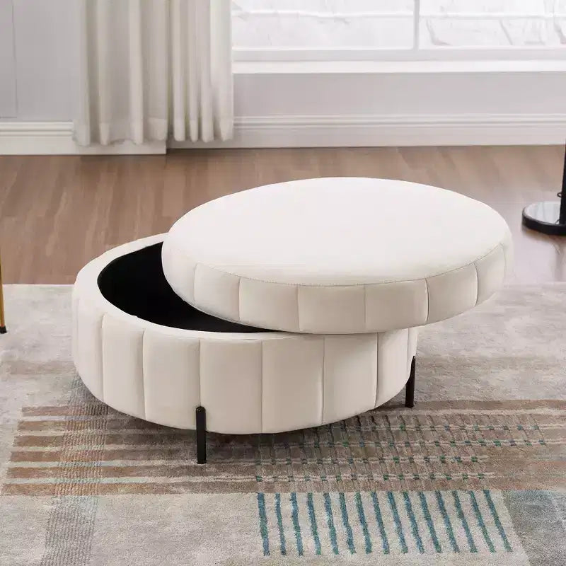 Pouf rond de rangement en velours de 31,5" avec couvercle réversible, repose-pieds de table basse, 125 kg