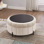 Pouf rond de rangement en velours de 31,5" avec couvercle réversible, repose-pieds de table basse, 125 kg