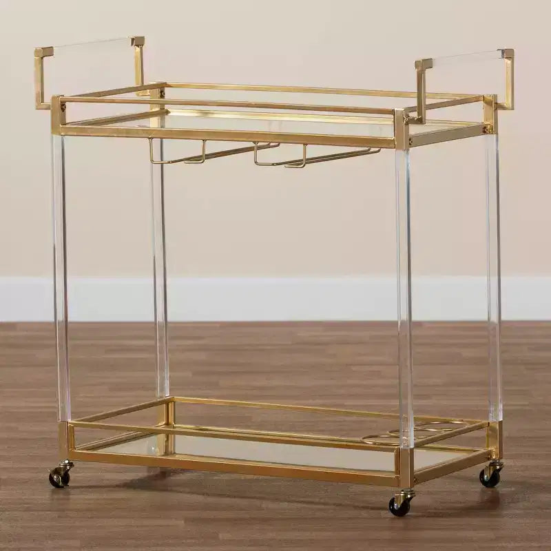 Desserte de bar en métal et verre avec cadre doré, chariot de service roulant pour salon