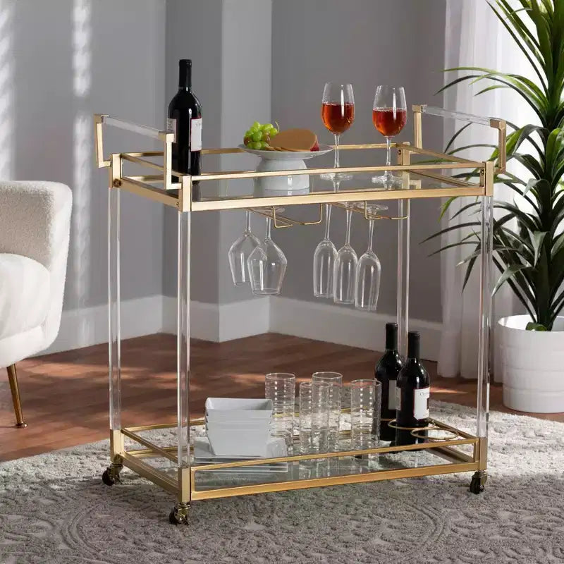Desserte de bar en métal et verre avec cadre doré, chariot de service roulant pour salon