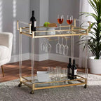 Desserte de bar en métal et verre avec cadre doré, chariot de service roulant pour salon