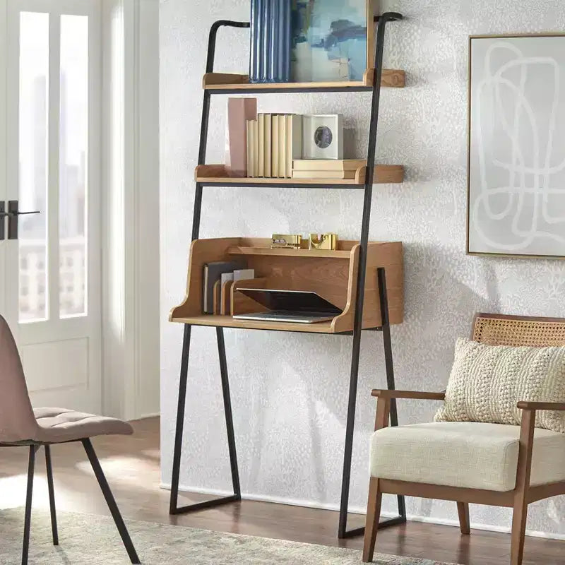 Bureau avec étagères de rangement, naturel et noir