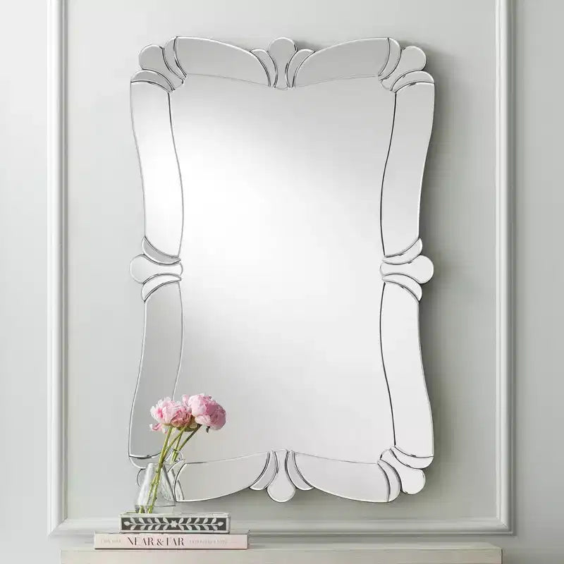 Miroir mural de courtoisie rectangulaire, bord biseauté, cadre en verre floral, 66 cm de large