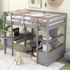 Lit mezzanine avec bureau intégré, étagères de rangement et tiroirs