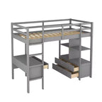 Lit mezzanine avec bureau intégré, étagères de rangement et tiroirs