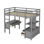 Lit mezzanine avec bureau intégré, étagères de rangement et tiroirs