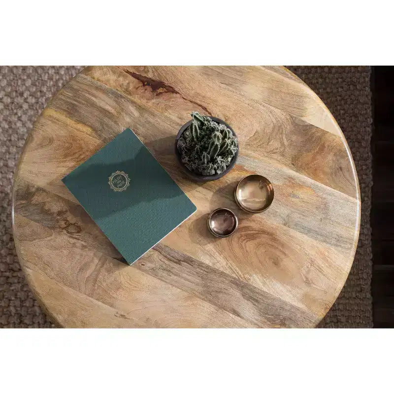 Table basse ronde en bois, finition naturelle, style moderne du milieu du siècle