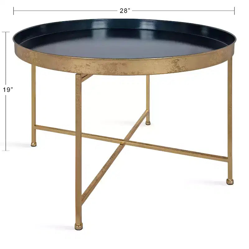 Table basse ronde en métal, 71,76 cm de diamètre, piètement géométrique bleu marine et or