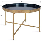 Table basse ronde en métal, 71,76 cm de diamètre, piètement géométrique bleu marine et or